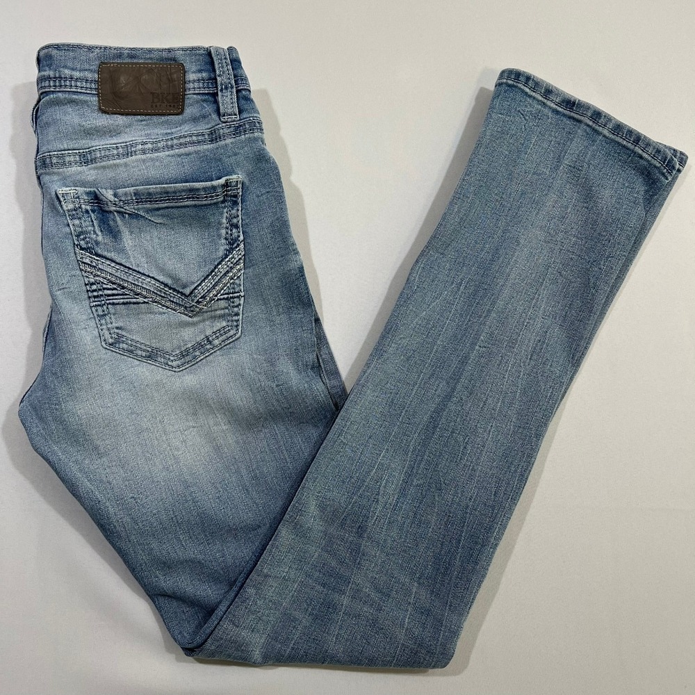 BKE Jake Slim Straight Jeans Mens 28x34 Light Wash Stretch Buckle Whiskered READ